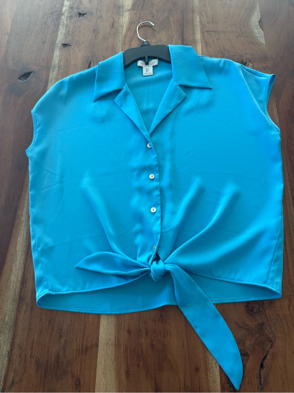 Rachel Zoe Turquoise Tie-Front Button Blouse Cap Sleeve